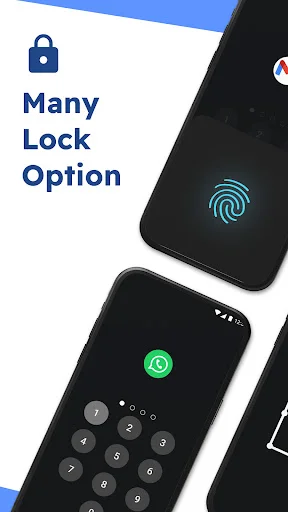 App Lock multiple options: fingerprint biometric, PIN code, and pattern locks for app protection