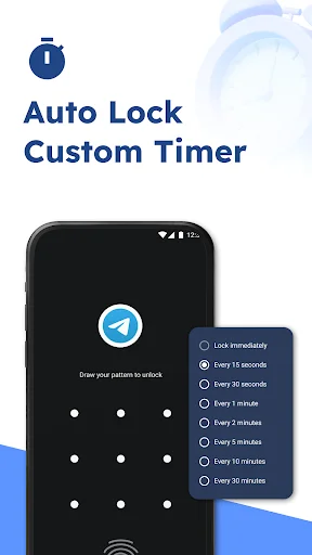 Auto lock custom timer feature with dropdown menu showing lock intervals from 15 seconds to 30 minutes