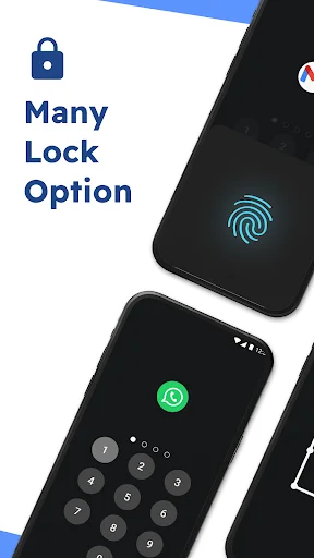 Many lock options available: fingerprint biometric, app-specific locks, and PIN keypad on multiple smartphones