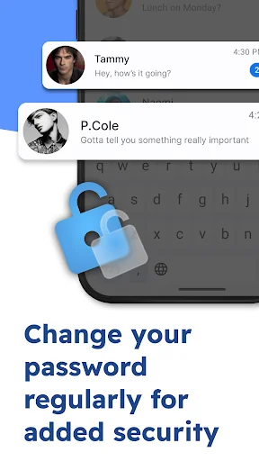 Change password regularly for added security shown with padlock icon overlaid on messaging app interface