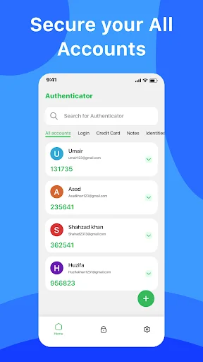 Authenticator app account list displaying saved accounts with their authentication codes and search functionality