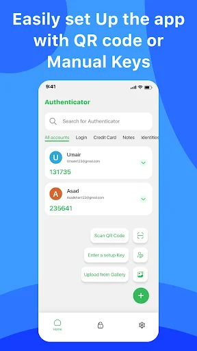 Authenticator app setup screen with three account setup methods: Scan QR Code, Enter setup key, and Upload from Gallery