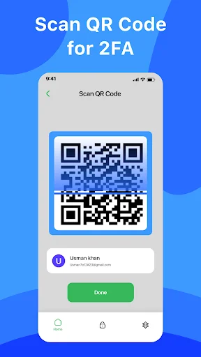 QR code scanner interface with large QR code display for two-factor authentication setup on Authenticator app