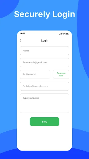 Secure login form with Name, Email, Password, Website URL, and Notes fields plus password generation feature