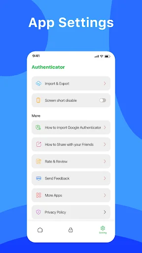 Authenticator app settings menu with Import & Export, security options, Google Authenticator guide, and privacy policy