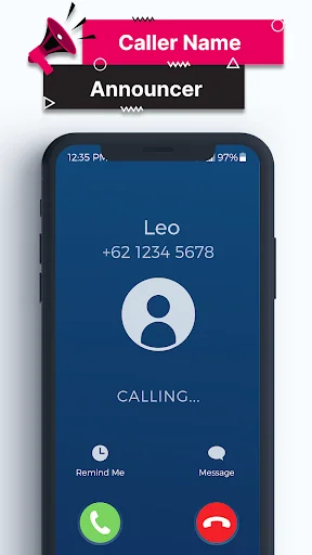 Incoming call screen from Caller Name Announcer showing caller name Leo with phone number, call status, and accept/decline buttons