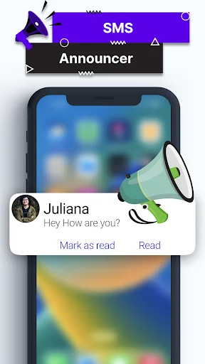 SMS announcer notification from Juliana showing message preview with megaphone icon and Mark as read and Read action buttons