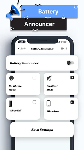 Battery announcer settings panel with toggle switches for vibrate mode, silent mode, when full, and when low battery announcements
