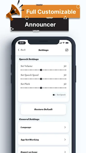 Speech settings customization page with adjustable sliders for call announcement volume, speed, and pitch with restore default option
