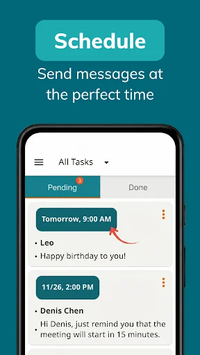 Schedule messages feature showing pending and completed SMS tasks with specific dates, times, and recipient details