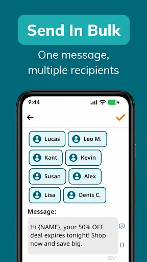 Bulk SMS messaging interface for selecting multiple recipients and composing personalized text messages