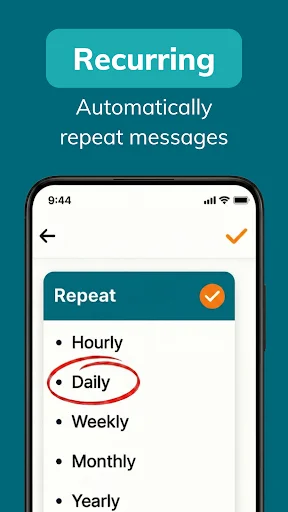 Recurring SMS settings displaying repeat frequency options including hourly, daily, weekly, monthly, yearly