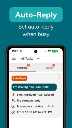 Auto-reply SMS settings with trigger conditions, message preview, recipient filters, and time-based scheduling