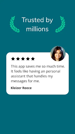 User testimonial with 5-star rating praising Auto Text app for automated SMS messaging and time savings