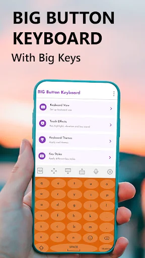 Big Button Keyboard app showing orange keyboard with large keys and settings menu for voice, effects, and themes