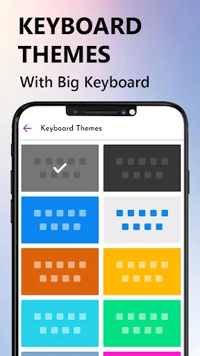 Keyboard Themes selection displaying colorful options with blue, orange, yellow, green, magenta themes and large buttons