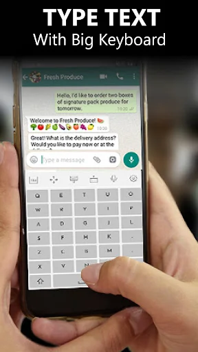 Big Button Keyboard in use typing a message in Fresh Producer app with large, easy-to-tap keys displayed on phone