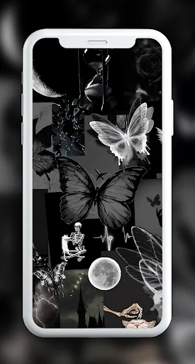 Black and white mystical wallpaper with butterflies, moon, and fairy silhouettes in dark aesthetic design