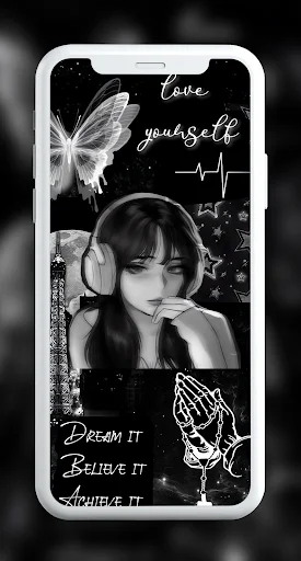 Dark aesthetic wallpaper with anime girl, headphones, moon, and motivational 'love yourself' inspirational text