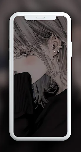 Grayscale anime girl portrait wallpaper with flowing hair in dark elegant black aesthetic style