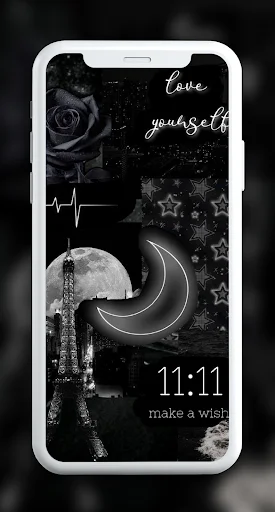 Dark mystical aesthetic wallpaper featuring crescent moon, rose, and motivational 'love yourself' text with time