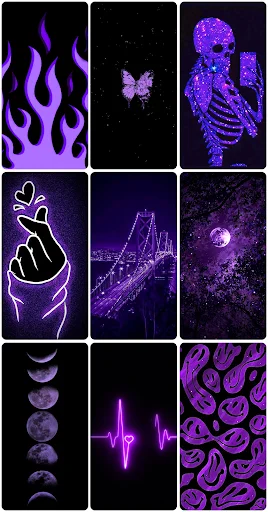 Purple flame, butterfly, and geometric owl wallpapers collection for dark aesthetic personalization