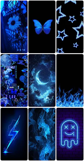 Blue neon skull, butterfly, and lightning bolt wallpapers with vibrant dark aesthetic designs