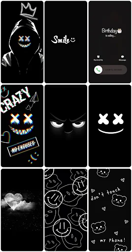 Dark smiley face and text-based wallpapers with spooky and playful black art aesthetic themes
