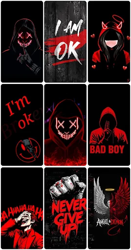 Red neon skulls, motivational text, and dark character wallpapers with edgy black art aesthetic