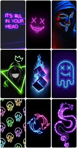 Neon glowing faces, text art, and dragon wallpapers featuring bold colorful dark aesthetic designs