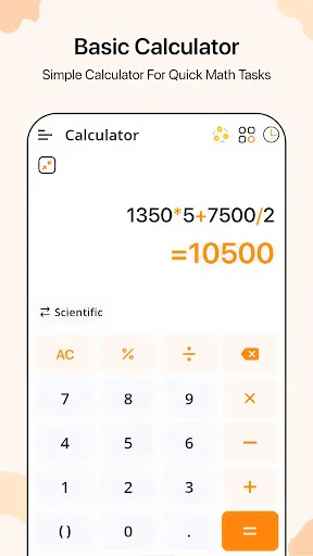 Basic Calculator interface with number pad performing calculation 1350^5÷7500/2=10500 and operation buttons