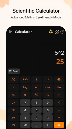 Scientific Calculator dark mode displaying 5^2=25 with advanced math functions like trigonometry and logarithm