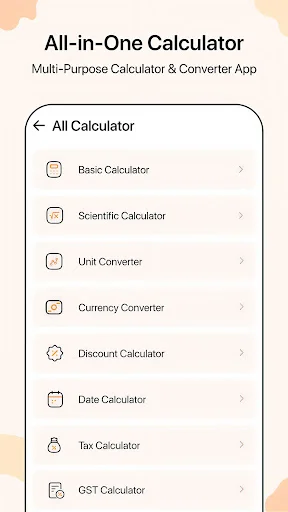 All-in-One Calculator menu listing eight calculator types: Basic, Scientific, Unit, Currency, Discount, and more