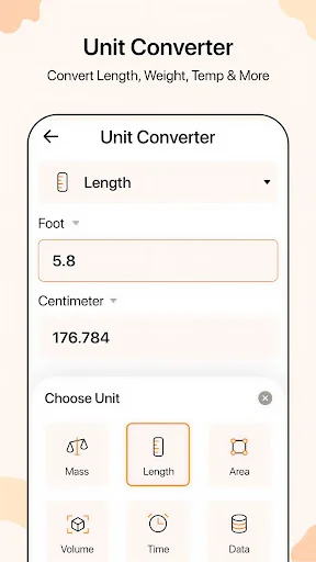 Unit Converter interface converting 5.8 feet to 176.784 centimeters with length weight area volume time options