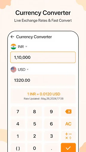Currency Converter converting 110,000 INR to 1320 USD with live exchange rates dated May 28, 2024