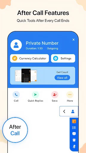After Call Features popup with Private Number and Currency Calculator options plus quick reply and save tools