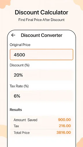 Discount Calculator computing final price with 4500 original price, 20% discount, 6% tax rate, result 3816.00