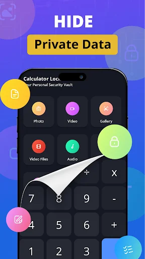Private data vault in Calculator Lock featuring photo, video, gallery, and audio file encryption options
