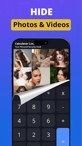 Hide photos and videos securely in Calculator Lock vault with photo gallery grid display interface