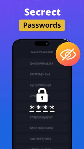 Password vault with encrypted password storage masked with asterisks and security lock protection