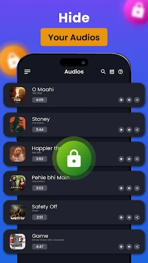 Hide and secure audio files, music songs in encrypted vault with playback controls and track management