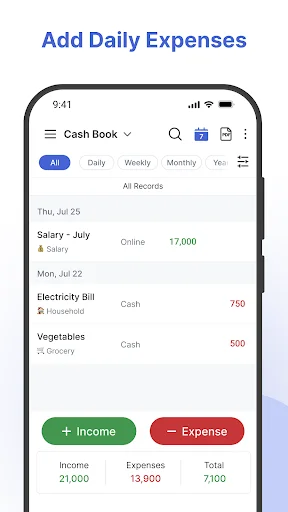 Daily expenses list showing income, expenses, and totals in Cash Book expense tracker app