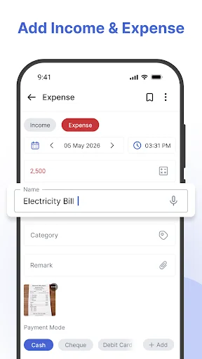 Add expense entry form with category, payment method, and notes in Cash Book tracker