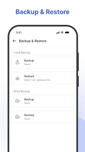 Backup and restore settings for local and cloud data backup in Cash Book app