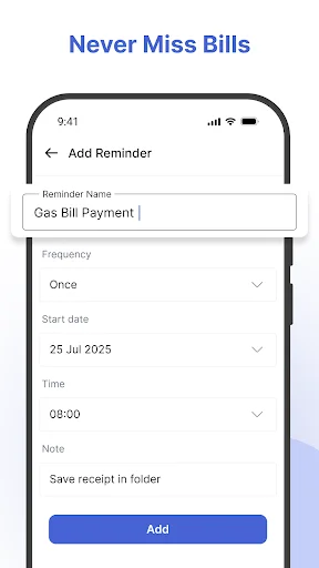 Add bill reminder form with frequency and notification time in Cash Book expense tracker