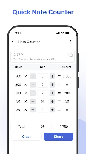 Cash note counter calculating total currency amount by denomination in Cash Book app