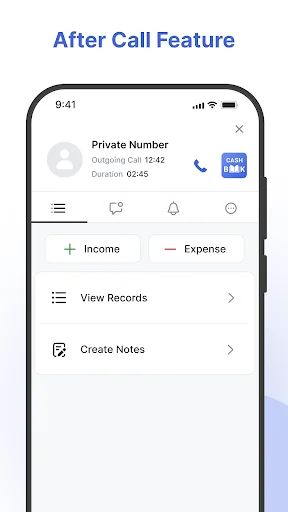 After-call screen with quick income and expense entry options in Cash Book tracker