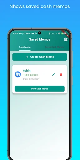 Saved Memos screen displaying list of created cash memos with options to create new cash memo and print existing memos in Cash Memo PDF invoice maker app