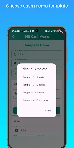 Template selection dialog showing four customizable design options: Classic, Modern, Minimal, and Borderless templates for creating professional cash memos and invoices