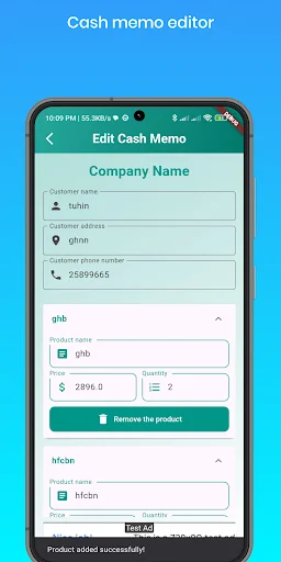 Cash memo editor form with fields for company name, customer details, address, phone number, and product information including price and quantity for invoice creation